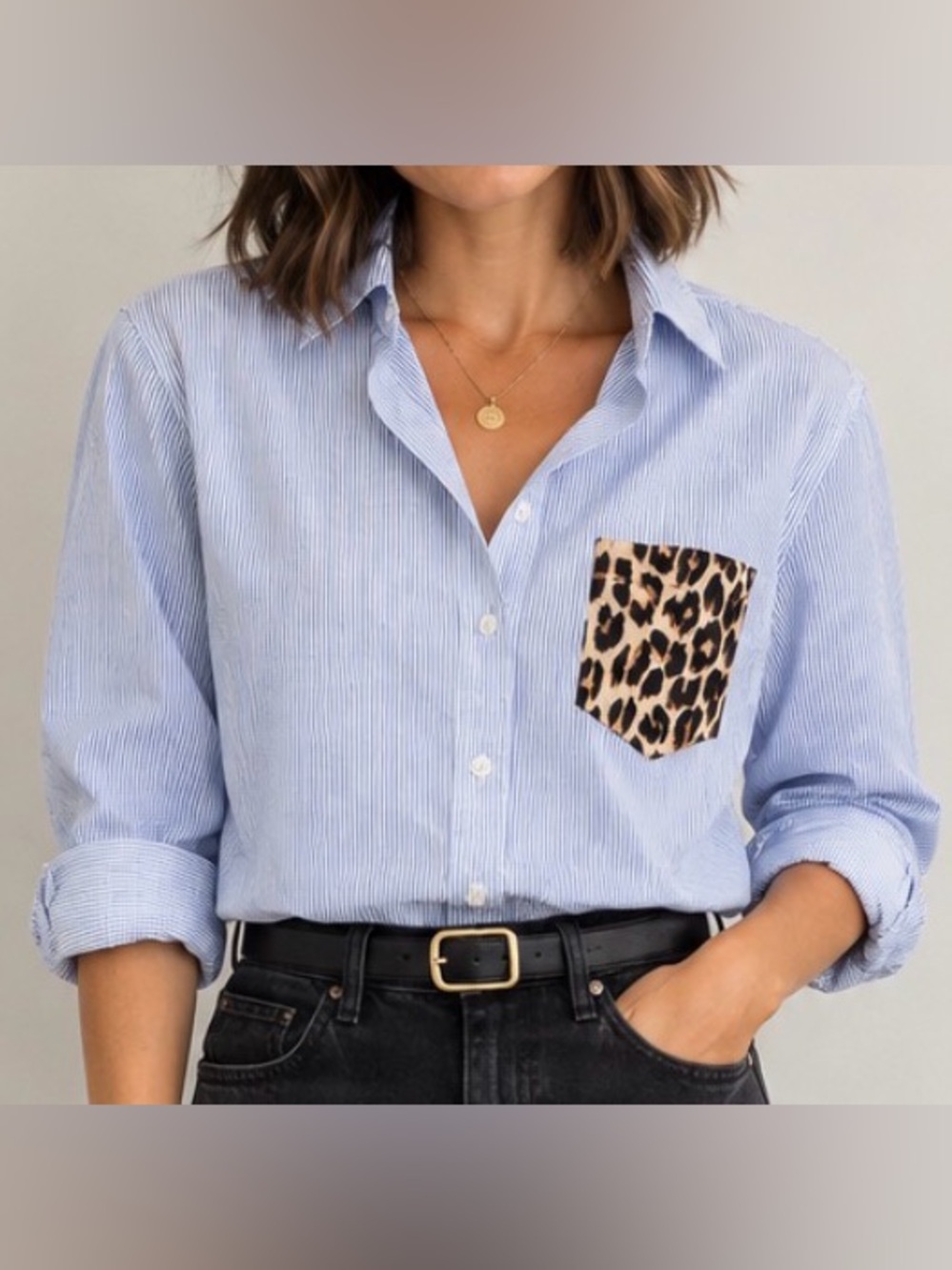 EQUIPMENT FEMME Blue Stripe Button-Up Shirt with Leopard Pocket Size S